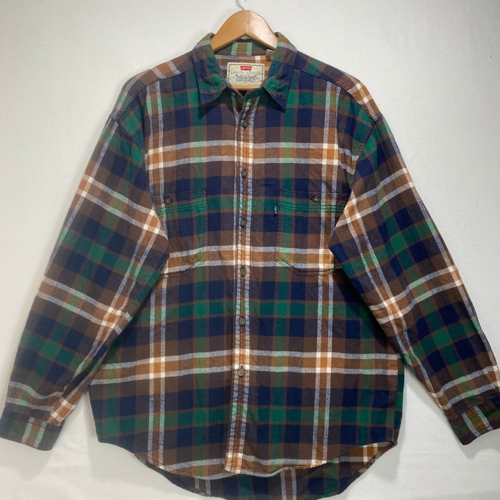 Levis Plaid Flannel Shirt Mens sz L  Brown Blue Long Sleeve‎ Button Up Western